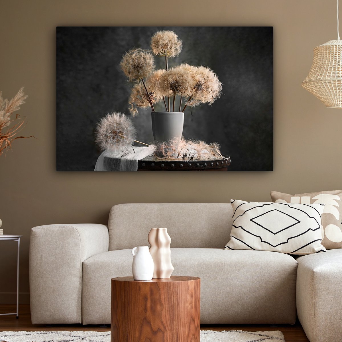 Leinwand Malerei - Wanddekoration - Blumensamen - Löwenzahn - Vase - Stillleben - Bouquet