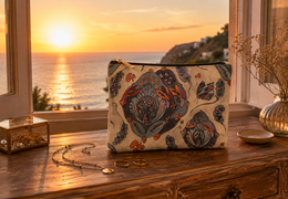 Beige pouch with red heart pattern, Valentine's Day design, decorative clutch bag.