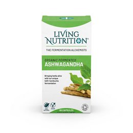 Organic fermented ashwagandha supplement in capsule form. Contains natural ingredients to support overall health and wellness.