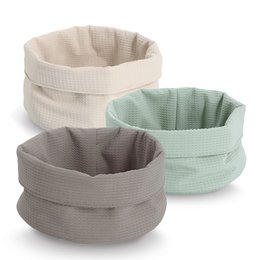 Waffle piqué storage basket, round cylindrical shape, soft textile, available in creme mint taupe colors