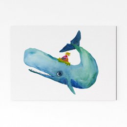 Colorful watercolor painting of a party whale with a festive hat. The whale has a vibrant blue tail and body in shades of turquoise and green.