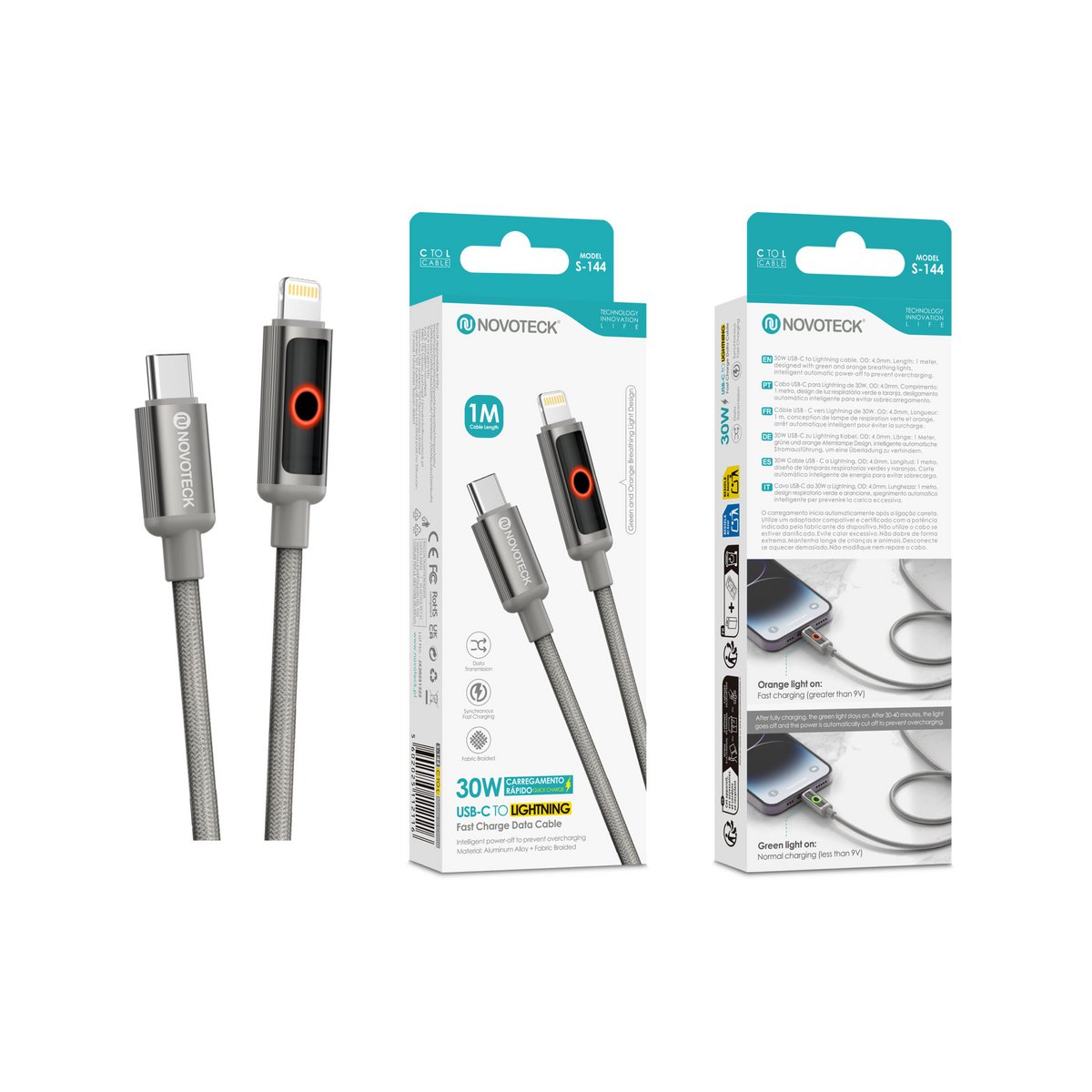 Cable NOVOTECK S-144 USB-C a Lightning: carga rápida de 30 W, 1 m, indicador LED y transferencia de datos