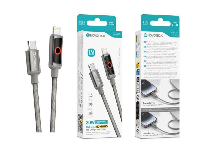 Cable NOVOTECK S-144 USB-C a Lightning: carga rápida de 30 W, 1 m, indicador LED y transferencia de datos