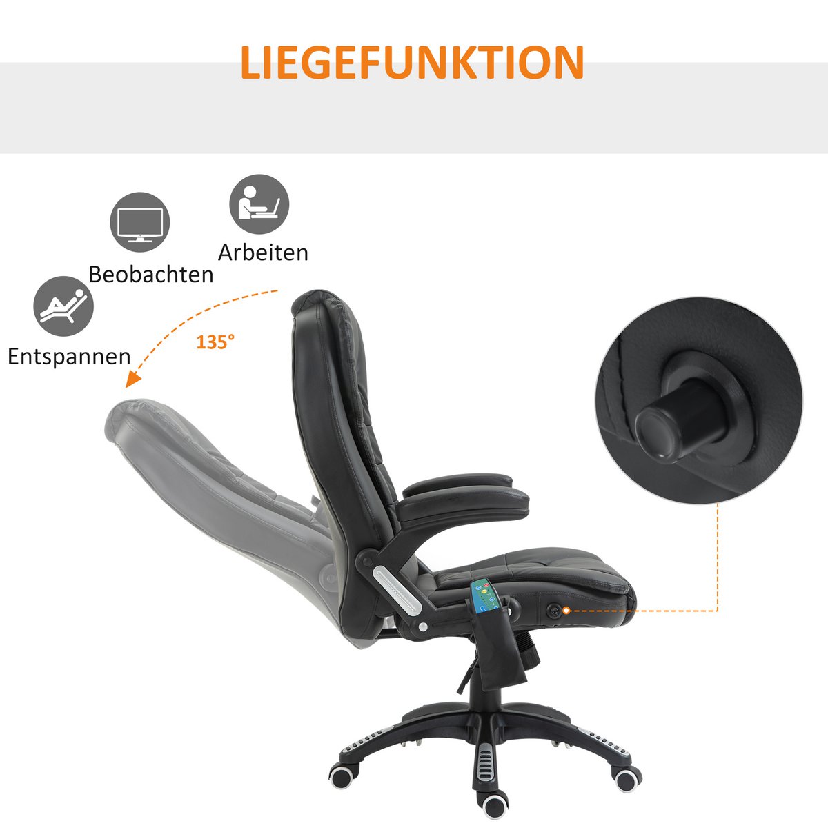 Silla de oficina con función de masaje, función de calor, altura regulable, función de inclinación, silla de oficina de masaje, blanco crema + negro