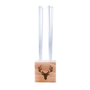 Wooden cube made of beech wood with 6 glass drinking straws engraved with a deer