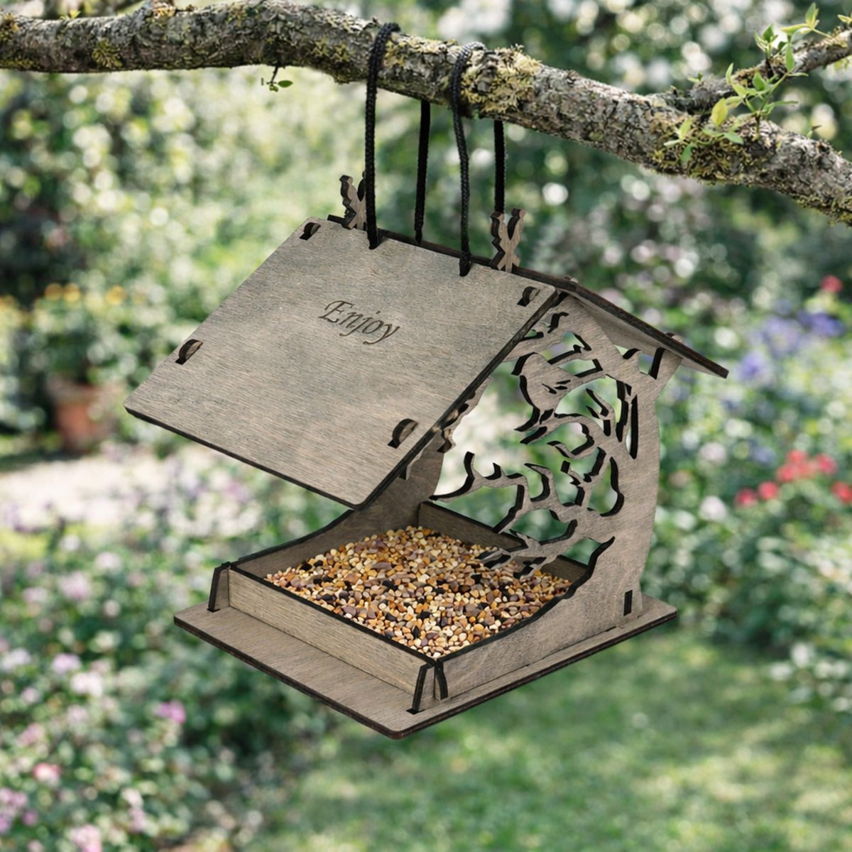 Comedero colgante de madera para pájaros, jardín al aire libre y alimentador de semillas para pájaros en el patio trasero