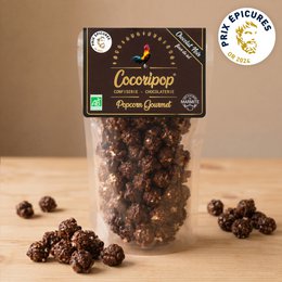 Dark chocolate fleur de sel popcorn (2024 Epicures gold medal)