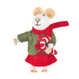 Handmade felt biodegradable Christmas mouse tree hanging decoration in green sweater with red scarf.