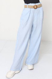 Wide-leg linen pants in a variety of colors, including marine, black, pink, denim blue, taupe, beige, light gray, white, mustard, sky blue, charcoal gray, duck green, and neon pink. Features a belt for a cinched waist.