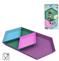  Set of 4 colorful serving trays in various geometric shapes and vibrant colors including blue, pink, and purple.