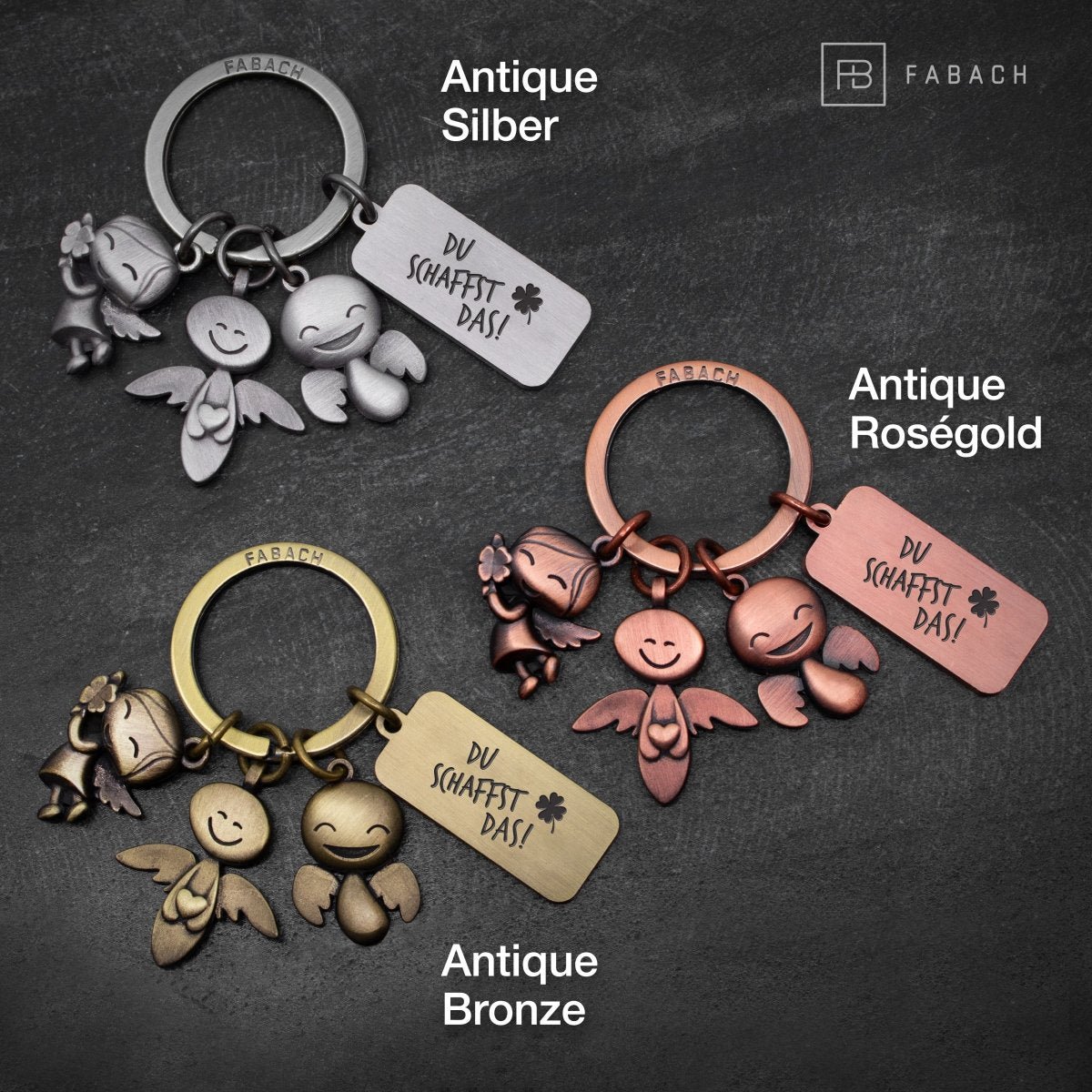 3 Angels" Guardian Angel Keychain - Angel Lucky Charm with Message Engraved "You can do it!"