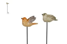 Green and yellow polyresin garden sculpture of a bird on a stake.