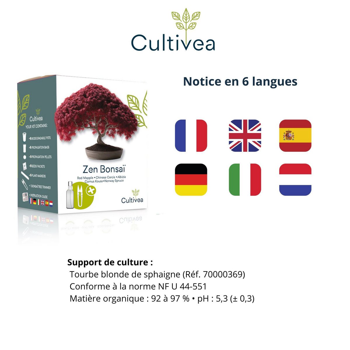 CULTIVEA® Ready to Grow Kit 6 Bonsai – Garten gestalten und dekorieren – Weihnachtsgeschenkidee (Roter Ahorn, Chinesischer Cercis, Juniperus, Liquidambar, Gemeine Fichte)