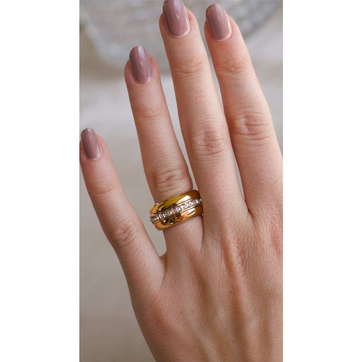 Romane - Wide Crystal Plain Gold Band