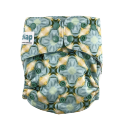 Reusable cloth diaper with a floral pattern in shades of green, yellow, and blue. The diaper has an adjustable waist and leg openings for a comfortable fit.