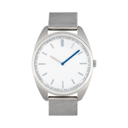 Silver-toned stainless steel watch with a minimalist white dial and blue accents.