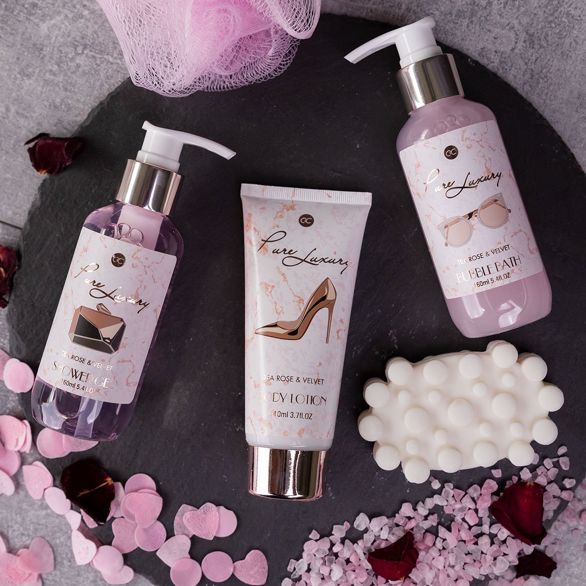 Set da bagno PURE LUXURY in scarpa in ceramica nel colore bianco/rosa