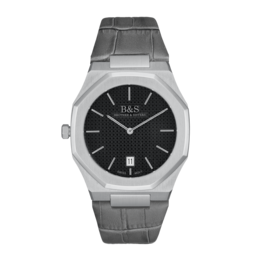 Sleek, stainless steel watch with a black dial and date display.