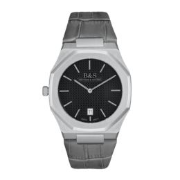 Sleek, stainless steel watch with a black dial and date display.