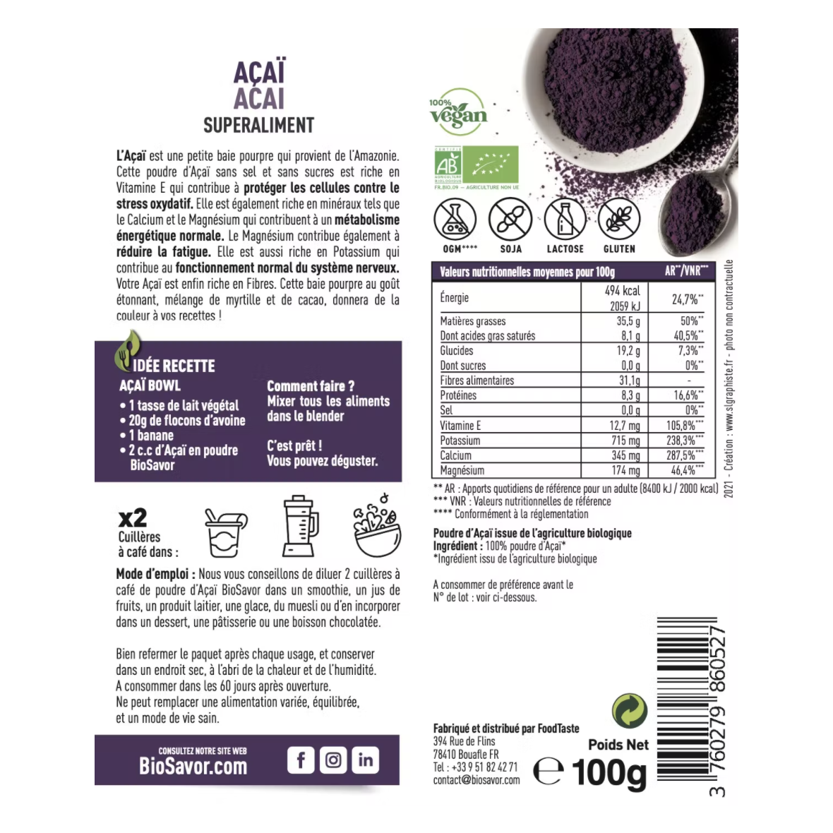 AÇAÏ BIO EN POUDRE - 100G - COMPLÉMENT ALIMENTAIRE