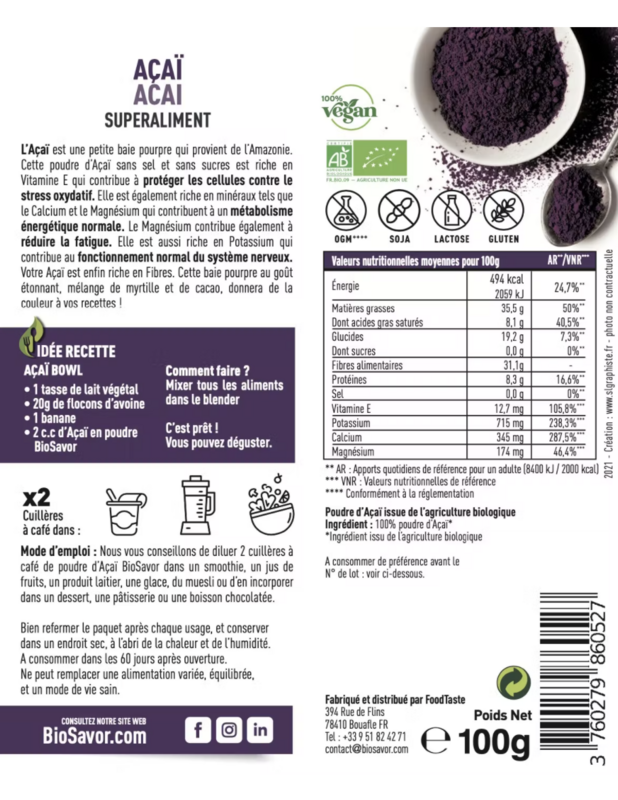 AÇAÏ BIO EN POUDRE - 100G - COMPLÉMENT ALIMENTAIRE