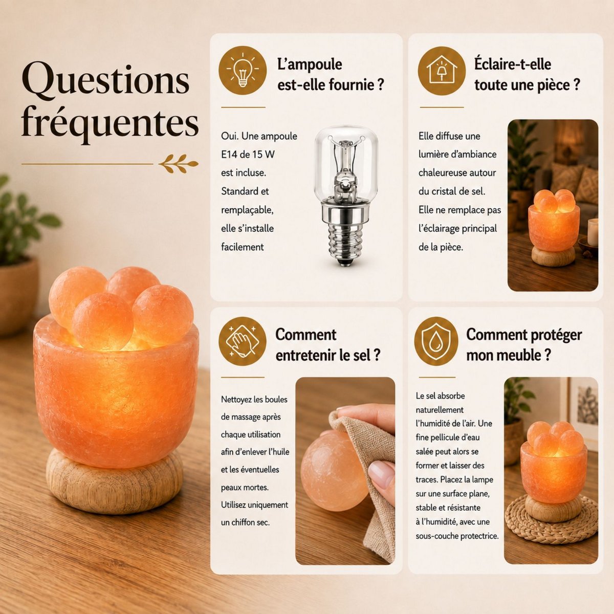 Himalayan Salt Crystal Lamp – 4 massage balls 2Kg – Natural Material – Gift and Decoration Idea