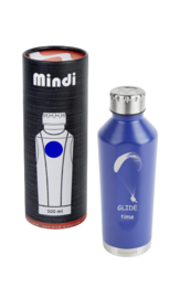 A blue thermos bottle with a laser engraved design, 500ml capacity, and a glide time feature.