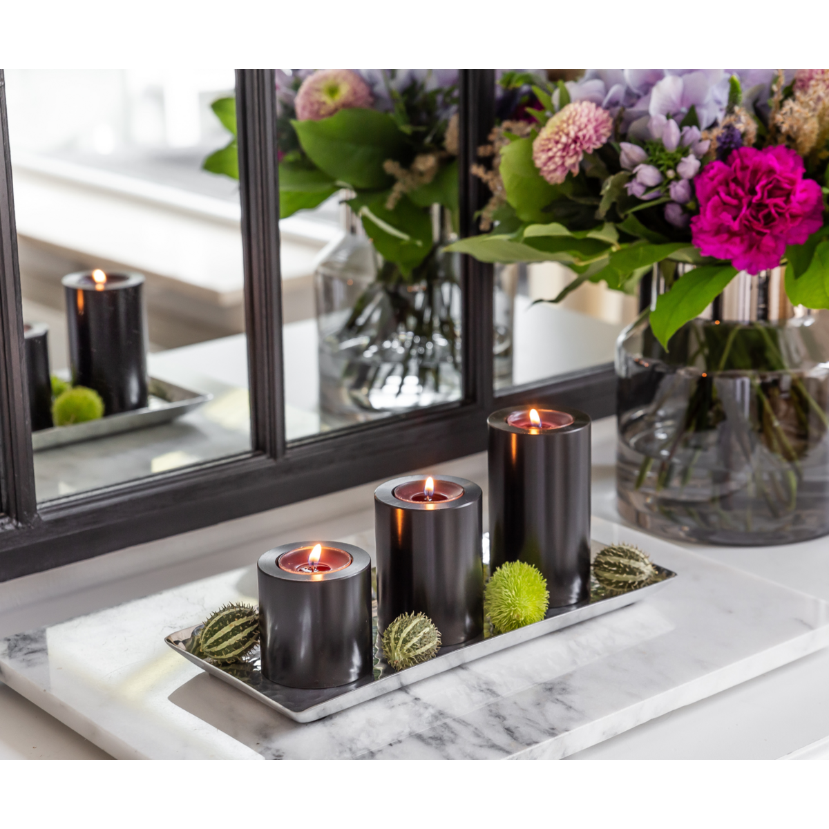Set of 3 permanent candles Cornelius (Ø 6cm, heights 6/8/10 cm) black, tealight holder heat-resistant 90°