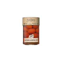 Organic datterini tomatoes in water - 370 ml Glass jar. Glass jar containing organic datterini tomatoes preserved in water.