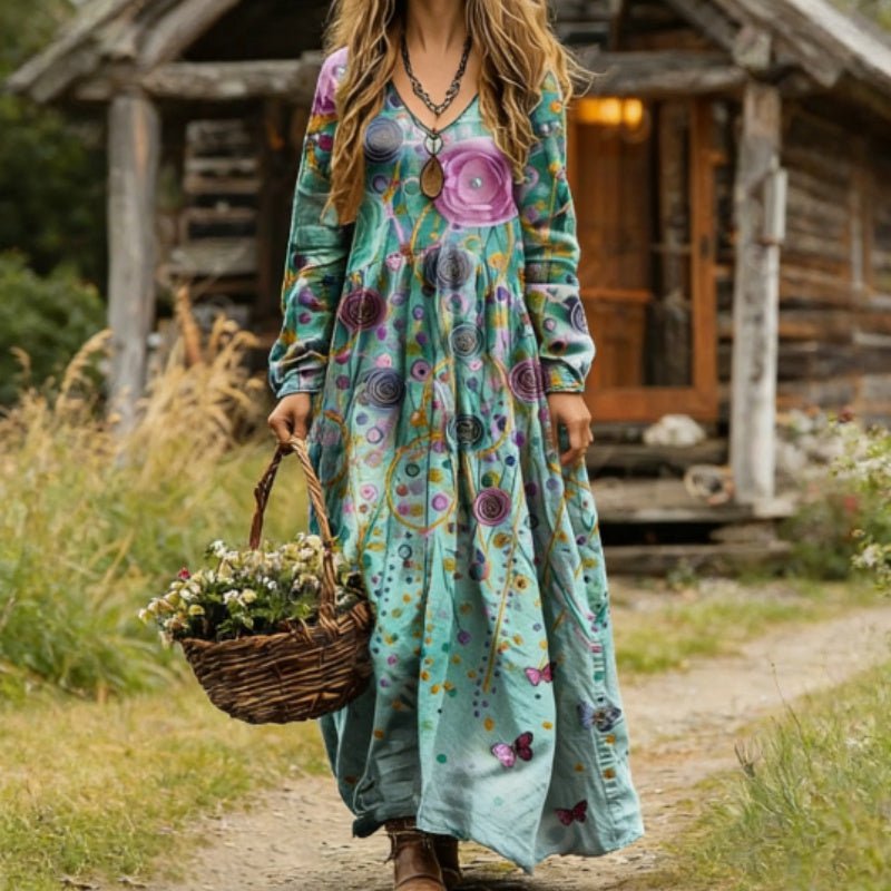 Abito lungo a maniche lunghe con stampa floreale Boho a farfalla