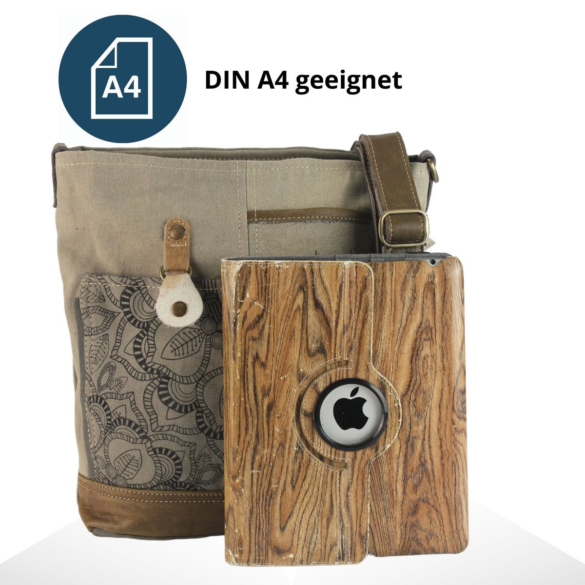 Sunsa dames schoudertas. Handtas gemaakt van canvas en leer. Schoudertas in vintagestijl. Grote kaki crossbodytas voor dames met mandala print