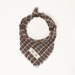 Plaid pet bandana in brown and blue tones, with a soft, cozy fabric and a stylish design. Suitable for small to medium-sized pets.