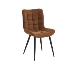 Terracotta-colored upholstered dining chair with a tufted back and black metal legs.