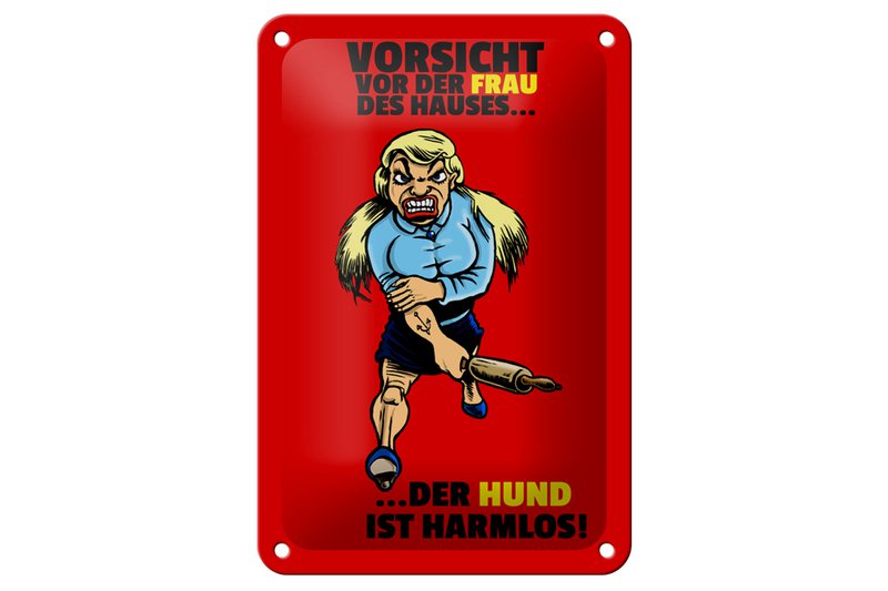 Tin sign note 12x18cm Beware of woman dog harmless decoration