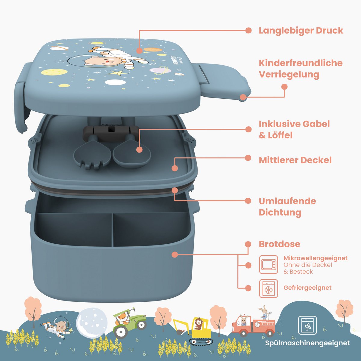 Children's lunch box with compartments, light and leak-proof - bear