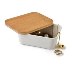 Beige ceramic storage box with wooden lid, small rectangular container for organizing items.
