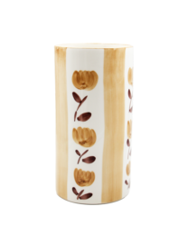  Ceramic flower vase with floral pattern in shades of brown and beige. Cylindrical shape with a smooth, glossy finish.