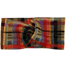  Headband with Twist Check Ponte Jersey in a vibrant plaid pattern with a twisted knot detail. Made of stretchy, breathable jersey material suitable for fitness activities.