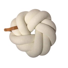 A round, plush white cushion with a knotted design, suitable for use as a decorative pillow.