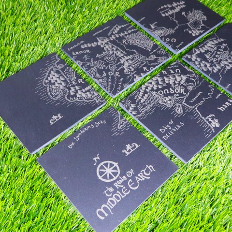 Premium Lord of the Rings Slate Coaster Set, Fantasy Geek Home Nerd Decor, Tolkien Fan Housewarming