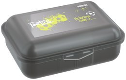  "Gray plastic lunchbox with yellow football design and graphic print, rectangular shape with handle"