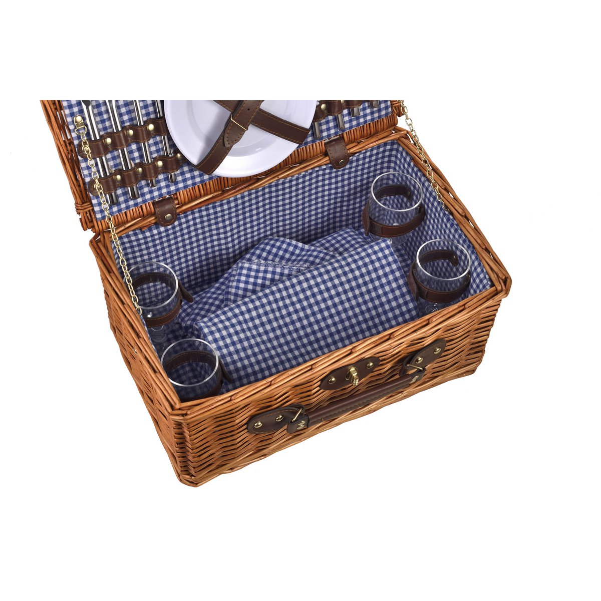 LAGUIOLE, Panier Pique-Nique pour 4 Personnes, Osier, Coton, Céramique, Métal et PVC, Repas Nomades, Plein Air, Extérieur, Camping, Randonnée, Marron