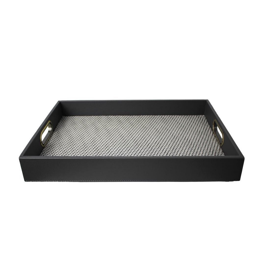 Serviertablett dunkelgrau strukturierte Einlage Messinggriffe 45x33 cm
