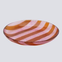 Large round bowl with magenta and orange striped pattern.