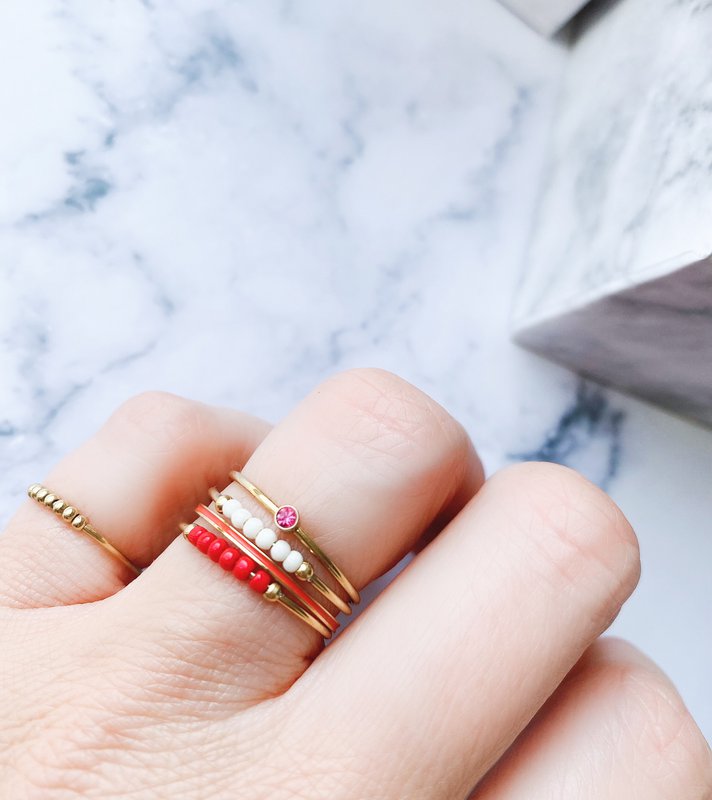 R0980 Anxiety Ring Palm Pink Beads Goldplated