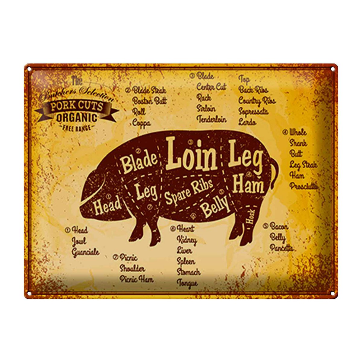 Tin sign butcher shop 40x30cm Pig Pork cuts organic