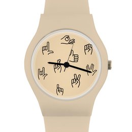 Beige watch with hand gesture icons on the face.