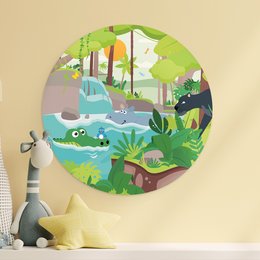 Round wall painting featuring a colorful jungle scene with crocodiles, plants, and other wildlife. Suitable for children's room decor.