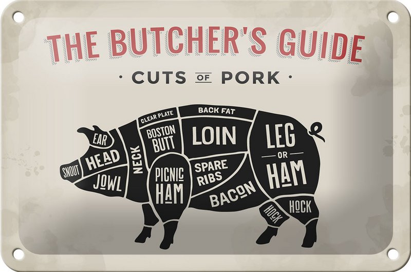 Tin sign pig 18x12cm Pork cuts butcher shop Fliesch decoration