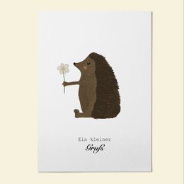 A greeting card featuring a cute hedgehog holding a flower, with the text "A little greeting" and the brand name "Lettie's" at the bottom.